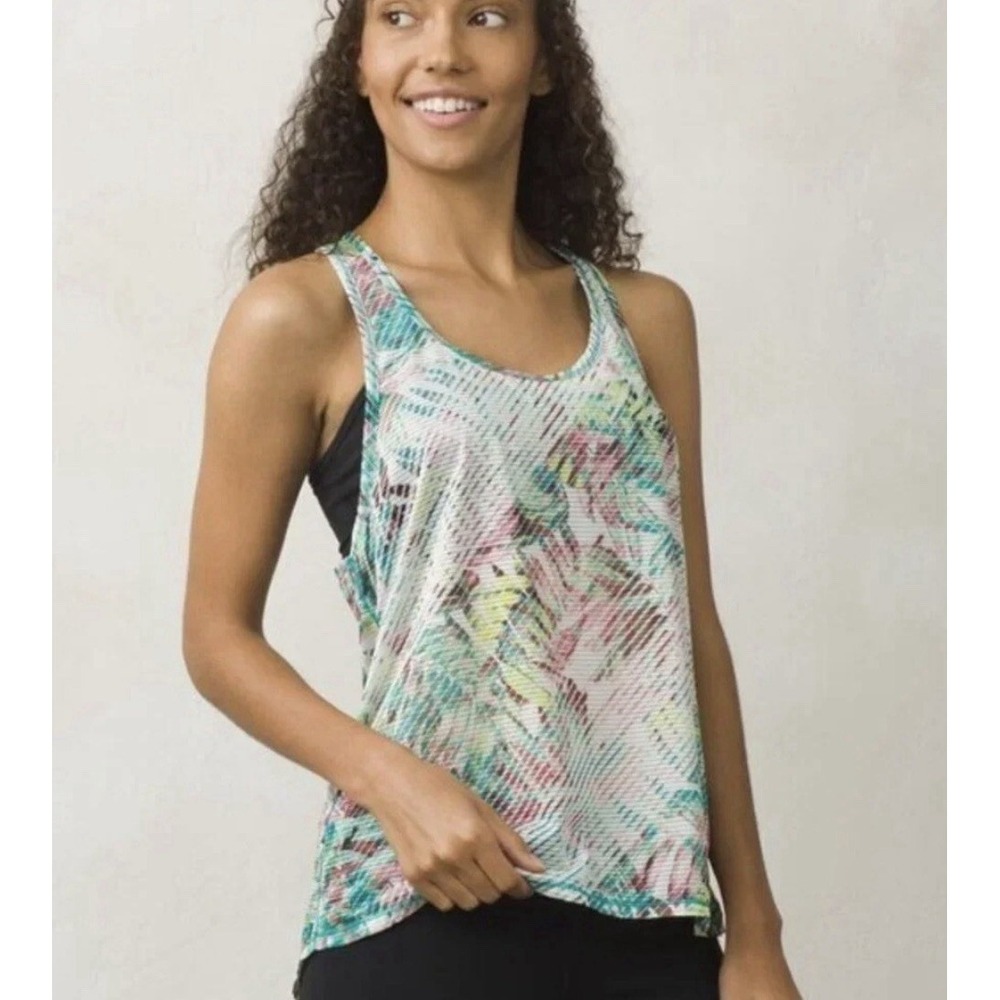 prAna Tilko Breezie Workout Tank Top Dragonfly Paradise Tropical Palm Stripe S